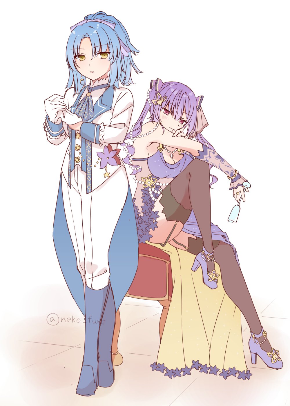 2girls arm_on_knee ascot assault_lily benini blue_ascot blue_footwear blue_hair blush boots bow breasts brown_ribbon brown_thighhighs champagne_flute cleavage coattails commentary_request crescent crescent_earrings crossed_legs cup detached_sleeves dress drinking_glass earrings evening_gown formal_clothes frilled_sleeves frills full_body garter_straps glove_pull gloves hair_between_eyes hair_bow hair_ornament hair_ribbon hairclip hand_on_own_arm hands_up high_heels highres holding holding_cup jacket jewelry knee_boots knee_up light_smile long_hair long_sleeves looking_at_viewer makino_mitake matsumura_fuuka medium_breasts multiple_girls necklace official_alternate_costume on_stool open_clothes open_jacket outstretched_arm pant_suit pants parted_bangs parted_lips pearl_hair_ornament pearl_necklace pendant ponytail purple_bow purple_dress purple_eyes purple_footwear purple_hair ribbon ring see-through_clothes see-through_dress shirt sitting sleeveless sleeveless_dress sleeves_past_wrists standing stool strappy_heels suit thighhighs tile_floor tiles twintails twitter_username watson_cross white_background white_gloves white_jacket white_pants white_shirt yellow_eyes