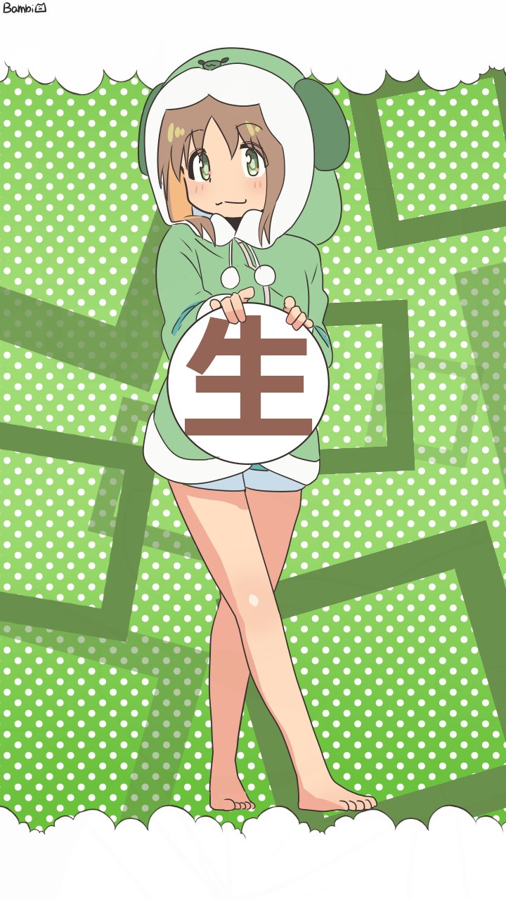 1girl :3 animal_hood artist_name bambi2000line bare_legs barefoot brown_hair colored_inner_hair commentary diamond-shaped_pupils diamond_(shape) dog_hood drawstring full_body green_background green_eyes green_hoodie highres hood hood_up hoodie long_sleeves looking_at_viewer multicolored_hair official_alternate_costume oka_asahi onii-chan_wa_oshimai! orange_hair polka_dot polka_dot_background short_hair short_shorts shorts simple_background smile solo standing symbol-shaped_pupils translation_request two-tone_hair