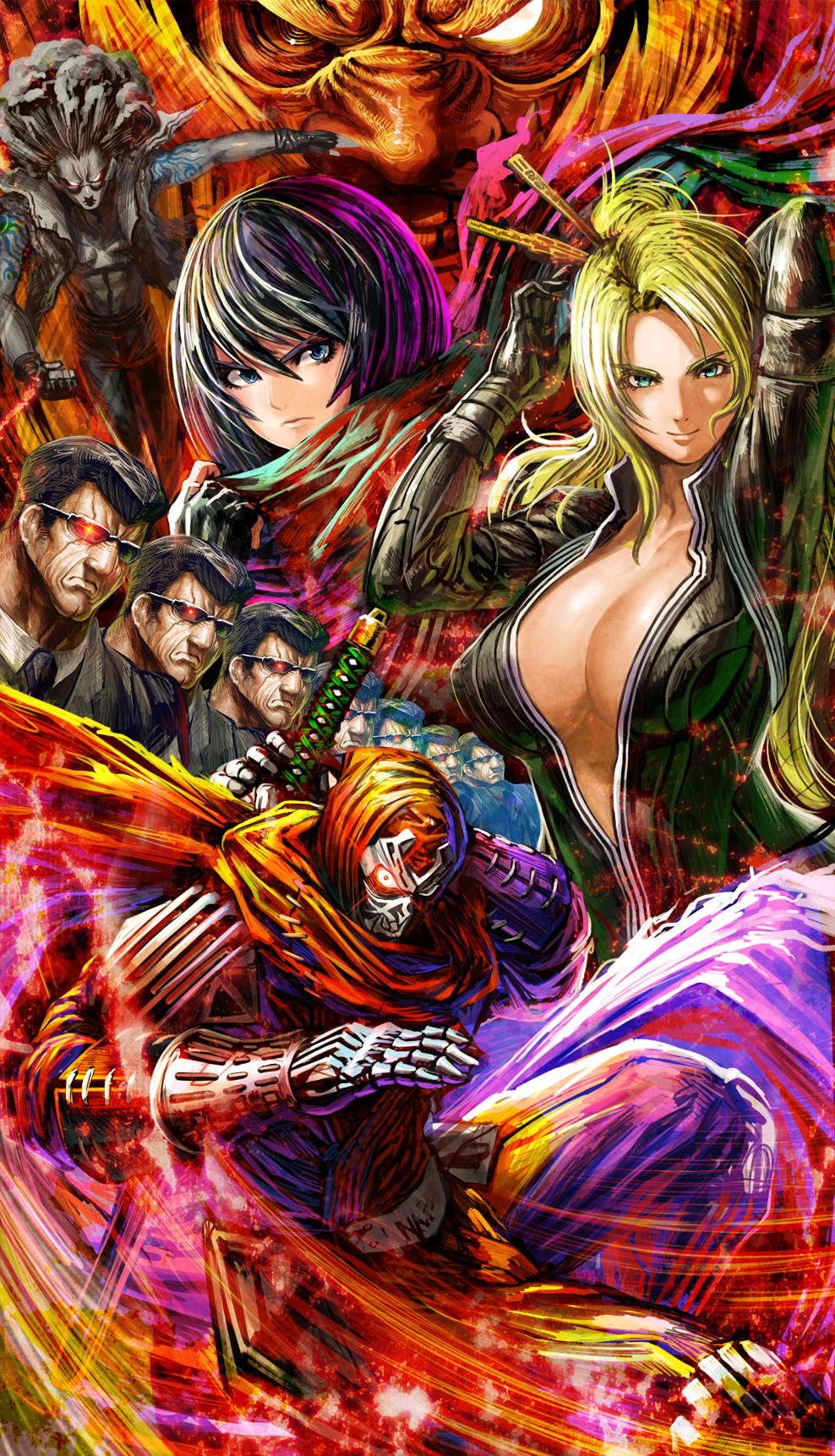 10s 2girls 6+boys artist_request blonde_hair blue_eyes breasts cleavage fujikido_kenji highres laomoto_khan large_breasts long_hair multiple_boys multiple_girls nancy_lee ninja_slayer suicide_(ninja_slayer) yamoto_koki