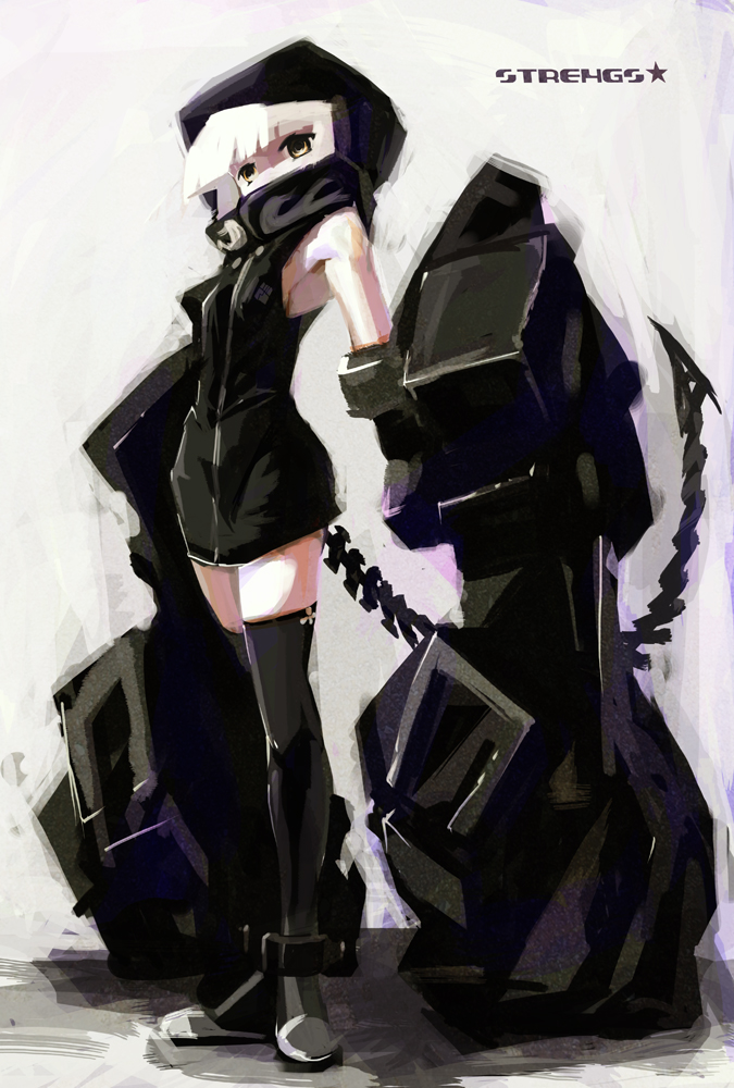 10s 1girl black_rock_shooter female_focus full_body hood hoodie short_hair simonori solo strength_(black_rock_shooter) tail thighhighs white_hair yellow_eyes zettai_ryouiki