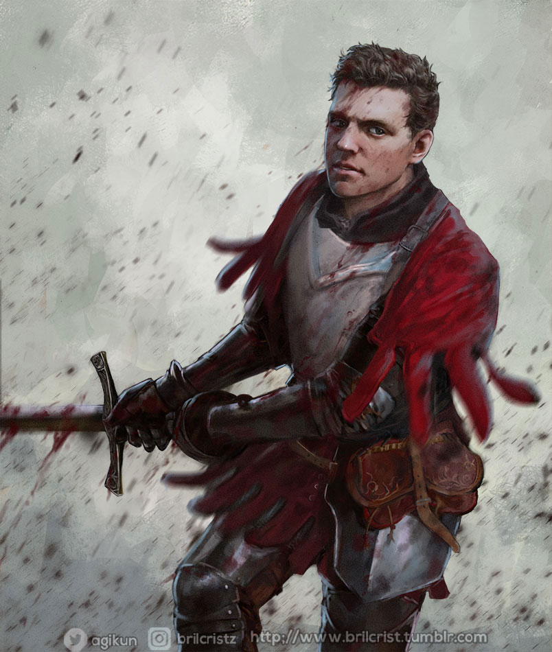 armor belt_pouch blood_on_armor breastplate brilcrist brown_hair gloves henry_of_skalitz holding holding_sword holding_weapon kingdom_come:_deliverance_ii leather_strap poleyn pouch sword two-handed_sword weapon