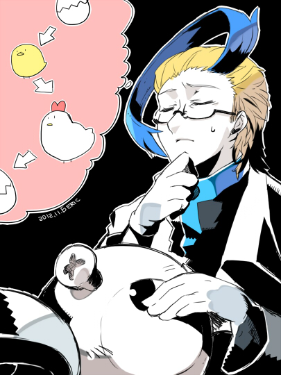 1boy arrow_(symbol) bird black_background blonde_hair bolt_(hardware) chick chicken closed_eyes colress_(pokemon) creatures_(company) dated egg eric_flay game_freak gen_1_pokemon gloves magnemite male_focus nintendo pokemon pokemon_(creature) pokemon_bw2 simple_background sweatdrop thinking white_gloves