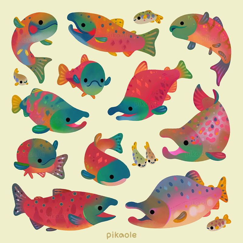 animal animal_focus artist_name black_eyes closed_mouth commentary english_commentary fish no_humans open_mouth original pikaole salmon_(fish) simple_background solid_circle_eyes watermark yellow_background