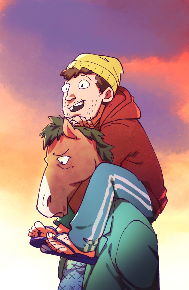 bags_under_eyes beanie bojack_horseman bojack_horseman_(series) bow bowtie flip-flops green_jacket gyosone hat horse horse_head jacket piggy_bank print_bow print_bowtie sandals standing sunset todd_chavez