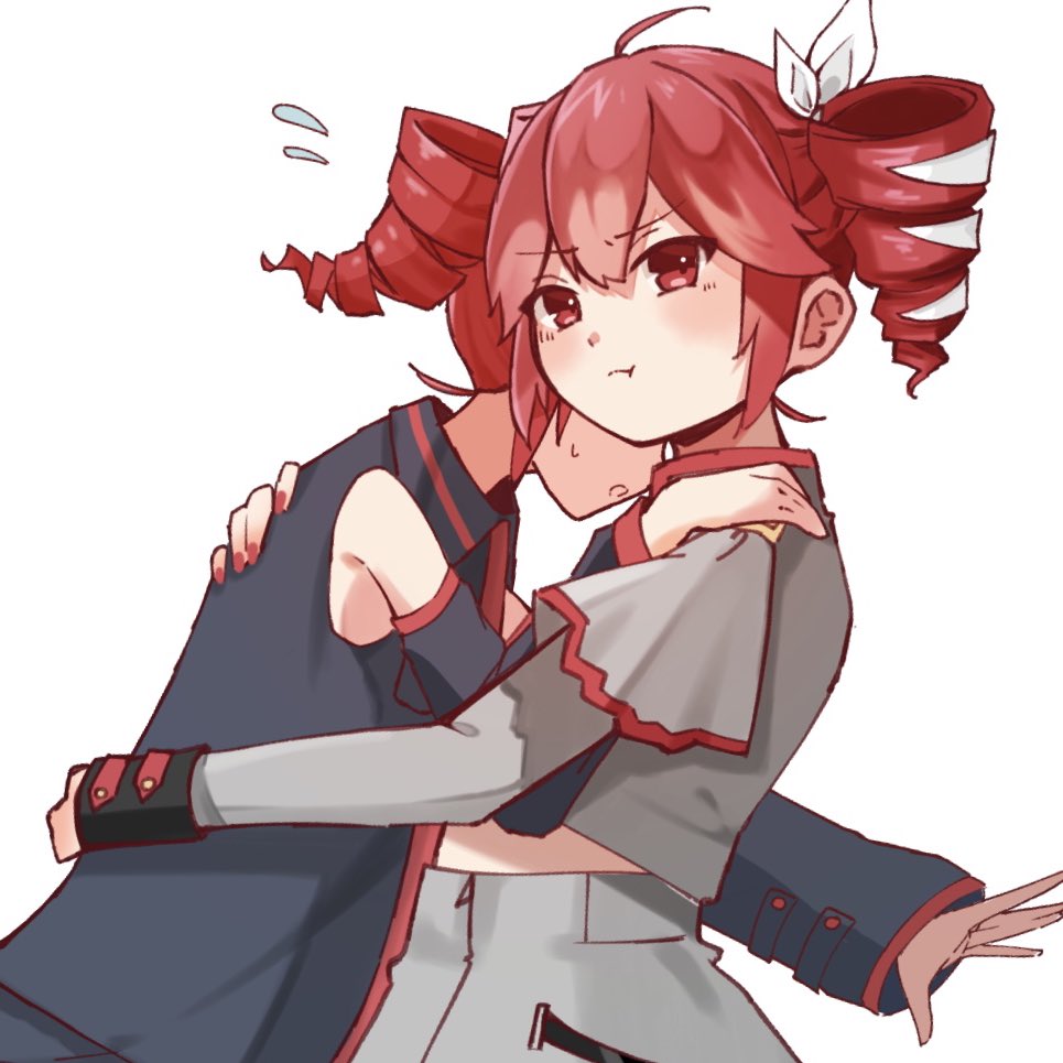 2girls :t ahoge black_shirt black_skirt black_sleeves blush bow detached_sleeves drill_hair dual_persona fingernails flying_sweatdrops from_side grey_jacket grey_skirt hair_between_eyes hair_bow hair_ribbon hug jacket kasane_teto kasane_teto_(sv) kasane_teto_(utau) layered_sleeves long_sleeves midriff_peek multiple_girls pout red_hair red_nails red_thighhighs ribbon shirt skirt sleeveless sleeveless_shirt sweatdrop synthesizer_v thighhighs tu_gumi twin_drills utau white_bow white_ribbon