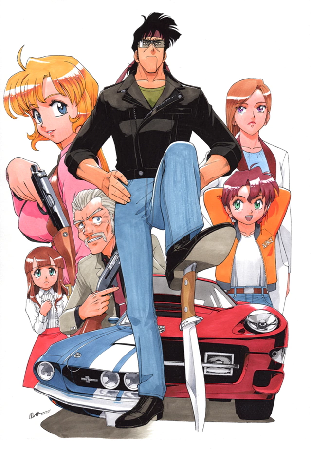 2boys 4girls :d arms_behind_head artist_name bean_bandit belt black_footwear black_hair black_jacket black_shirt blazer blonde_hair blouse blue_eyes blue_pants blue_shirt blunt_bangs breasts brown_belt brown_hair car carrie_(riding_bean) chelsea_grimwood chest_harness closed_mouth collared_shirt combat_knife cropped_legs cropped_torso cz_75 denim dress_shirt everyone facial_hair foot_up ford_mustang from_side frown full_body green_eyes green_shirt grey_hair grey_jacket grin gun hair_slicked_back handgun hands_on_own_hips harness headband holding holding_gun holding_weapon holster jacket jeans key_visual knife large_breasts leather leather_jacket light_smile long_hair long_sleeves looking_at_another looking_at_viewer motor_vehicle multiple_boys multiple_girls muscular muscular_male mustache necktie non-web_source official_art open_clothes open_jacket open_mouth pants parted_lips percy_bacharach pink_shirt pink_skirt promotional_art pump_action purple_eyes rally_vincent_(riding_bean) red_hair red_headband red_necktie remington_870 riding_bean semmerling serious shadow shelby_gt500 shirt shoes short_hair shotgun shoulder_holster signature simple_background skirt small_breasts smile sonoda_ken&#039;ichi suit_jacket sunglasses swept_bangs t-shirt teeth tie_clip upper_teeth_only very_short_hair weapon white_background white_hair white_jacket white_pants white_shirt wrap-around_shades yellow_jacket
