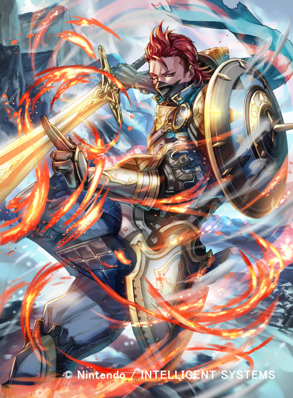 1boy alternate_costume belt boots fire fire_emblem fire_emblem_cipher fire_emblem_fates gloves kuroba.k male_focus mask mountain nintendo official_art red_eyes red_hair saizo_(fire_emblem) scar shield solo sword weapon