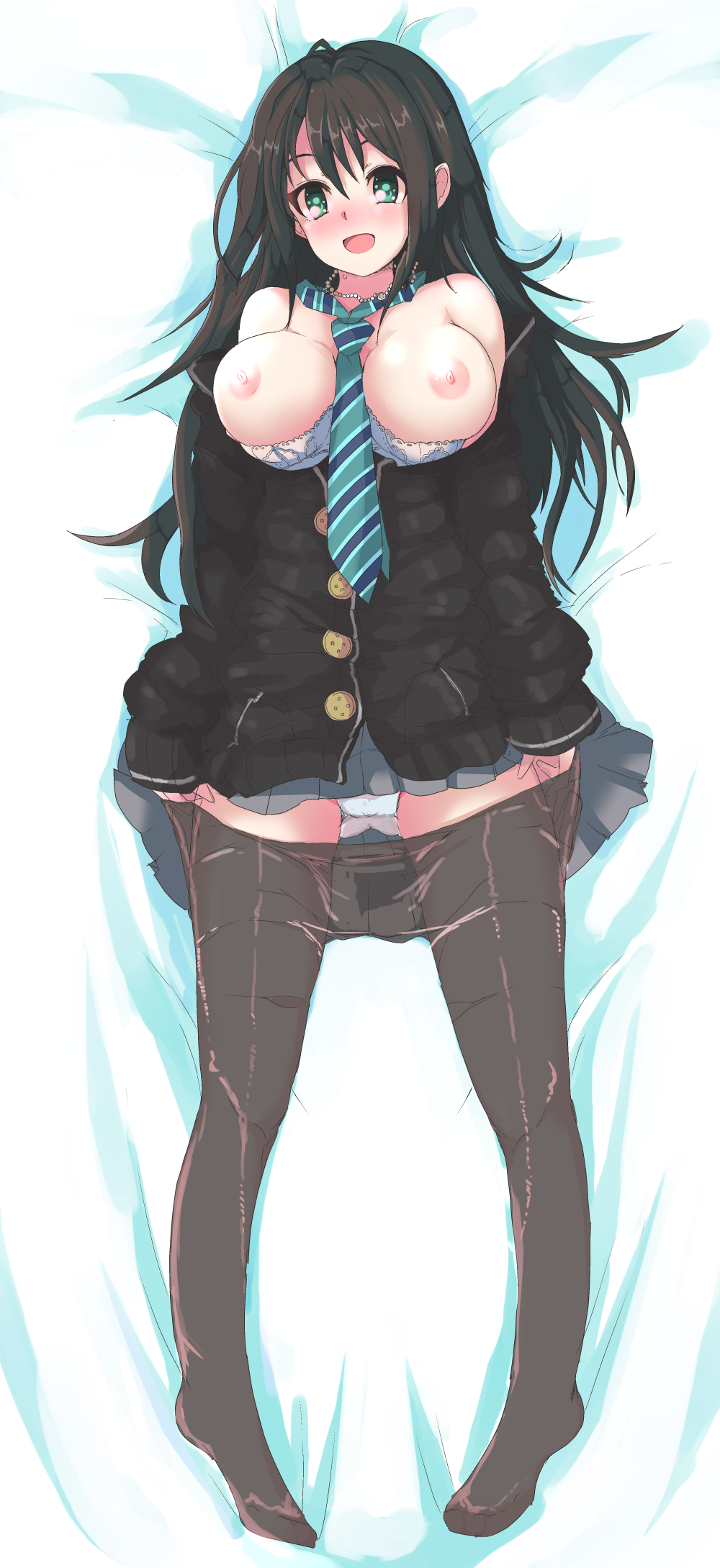 10s 1girl bad_id bad_pixiv_id bare_shoulders bed_sheet blush bra bra_pull breasts breasts_out brown_hair clothes_pull echizen_(hvcv) female_focus full_body green_eyes highres idolmaster idolmaster_cinderella_girls large_breasts long_hair looking_at_viewer lying necktie nipples on_back open_mouth panties pantyhose pantyhose_pull shibuya_rin smile solo underwear white_bra white_panties