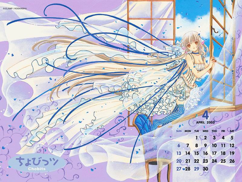 00s 1girl 2003 absurdly_long_hair blonde_hair breasts brown_eyes calendar calendar_(medium) chair chii chobits clamp cleavage dress indoors long_hair looking_at_viewer medium_breasts official_art scan solo thighhighs very_long_hair window