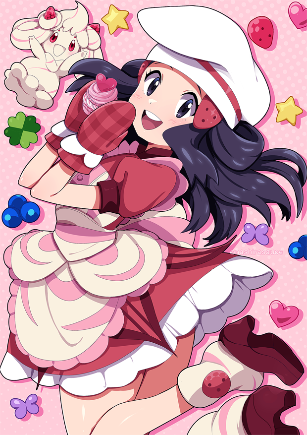 1girl alcremie apron black_eyes black_hair blush creatures_(company) cupcake dawn_(palentine&#039;s_2021)_(pokemon) dawn_(pokemon) dress food game_freak gen_8_pokemon hair_ornament hat heart high_heels long_hair looking_at_viewer loose_socks nashirasauce nintendo official_alternate_costume open_mouth oven_mitts pink_background pink_dress pokemon pokemon_(creature) pokemon_masters_ex polka_dot polka_dot_background puffy_short_sleeves puffy_sleeves red_footwear short_sleeves smile socks teeth upper_teeth_only white_headwear