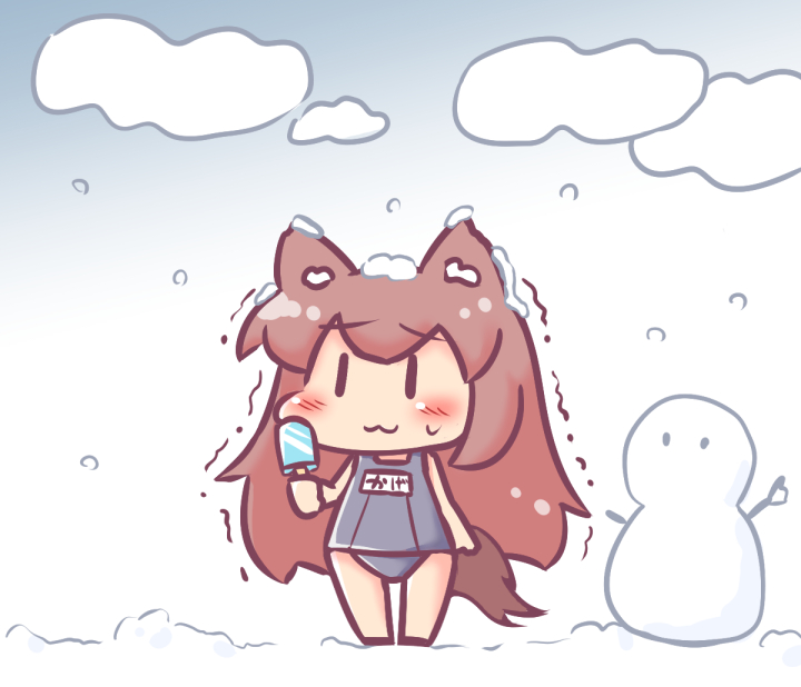 1girl :3 alternate_costume animal_ears blush brown_hair chibi chibi_inset closed_mouth cloud commentary_request food full_body grey_one-piece_swimsuit imaizumi_kagerou long_hair maitora one-piece_swimsuit outdoors popsicle sky smile snow snowman solo standing swimsuit tail touhou trembling very_long_hair wolf_ears wolf_girl wolf_tail