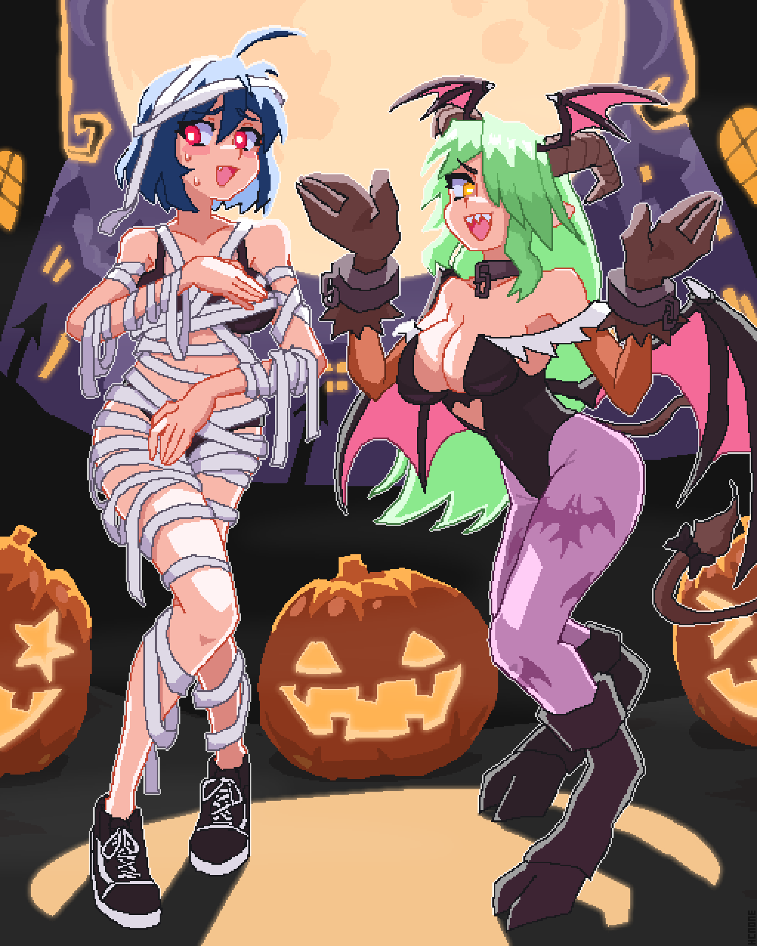 2girls ahoge black_bra black_footwear black_leotard blue_hair blush boots borrowed_character bra breasts cleavage cosplay fang green_hair hair_over_one_eye hcnone head_wings highres horns large_breasts leotard long_hair morrigan_aensland morrigan_aensland_(cosplay) multiple_girls mummy_costume open_mouth original pantyhose pink_eyes pixel_art purple_pantyhose sharp_teeth shoes short_hair skye_(hcnone) smile sneakers teeth underwear upper_teeth_only darkstalkers wings yellow_eyes