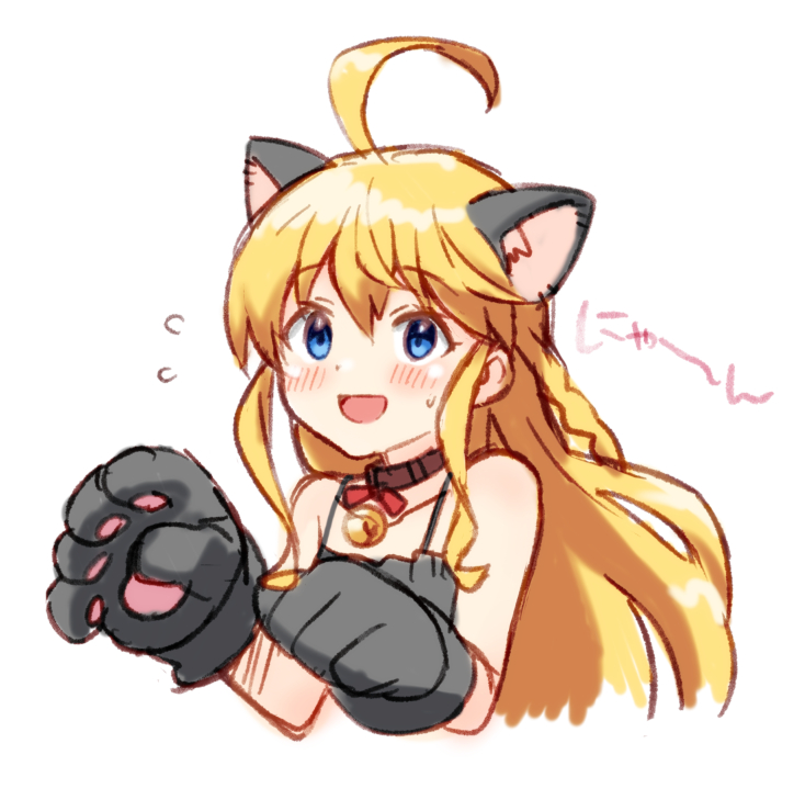 ahoge alternate_costume animal_ears animal_hands bare_shoulders bell blonde_hair blue_eyes blush cat_ears cat_paws dragalia_lost ekra fake_animal_ears flying_sweatdrops gloves hair_between_eyes long_hair looking_at_viewer neck_bell paw_gloves upper_body white_background zethia
