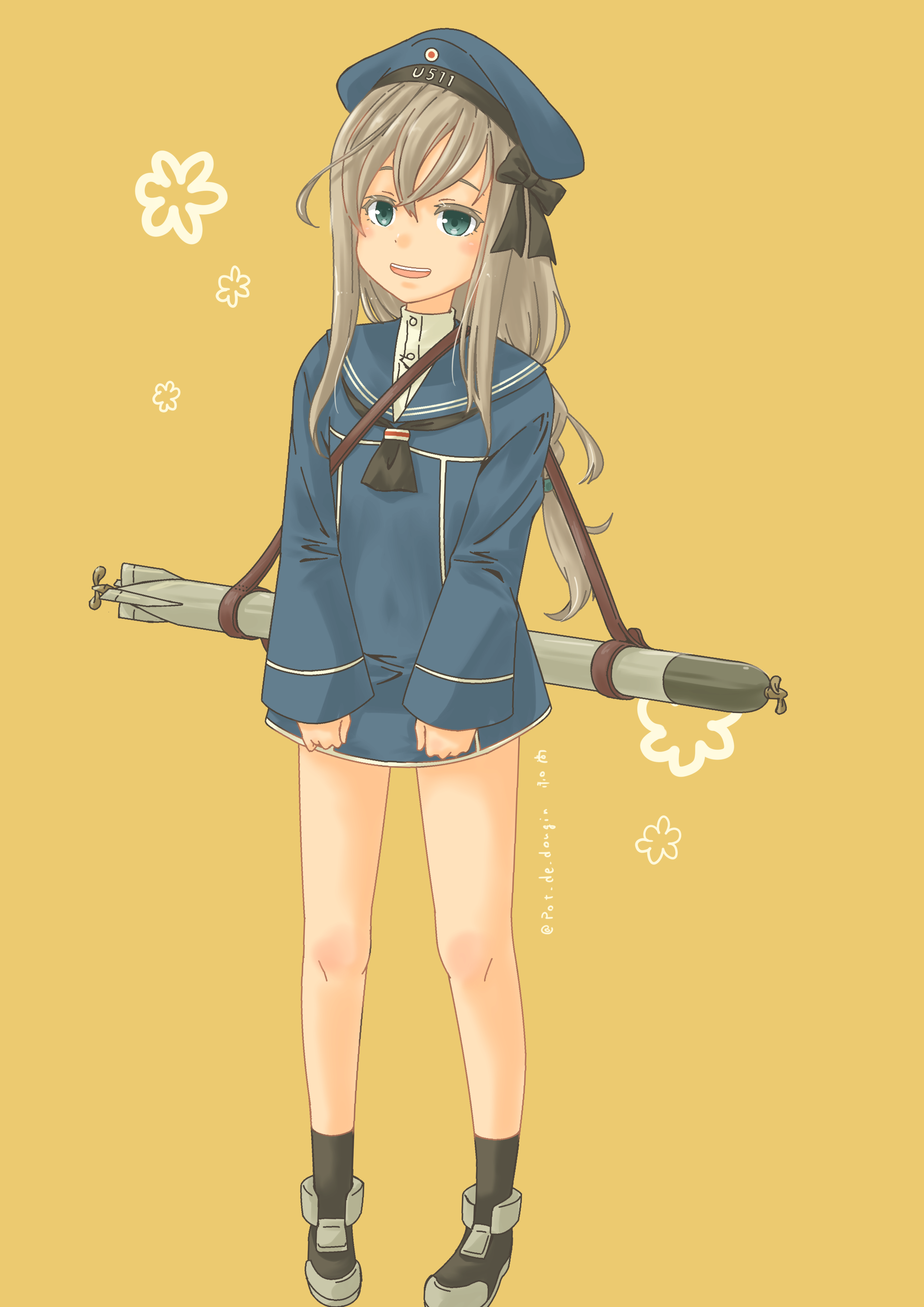 1girl absurdres blonde_hair blue_eyes clothes_writing cosplay dress hat highres kantai_collection long_hair long_sleeves pot-de sailor_dress sailor_hat solo torpedo u-511_(kancolle) z1_leberecht_maass_(kancolle) z1_leberecht_maass_(kancolle)_(cosplay)