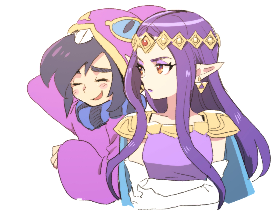 1boy 1girl blush_stickers closed_eyes dede_(qwea_00000) eyeshadow gloves long_sleeves looking_at_another makeup nintendo pointy_ears princess_hilda purple_hair ravio red_eyes scarf sleeves_past_wrists striped_clothes striped_scarf the_legend_of_zelda the_legend_of_zelda:_a_link_between_worlds white_gloves