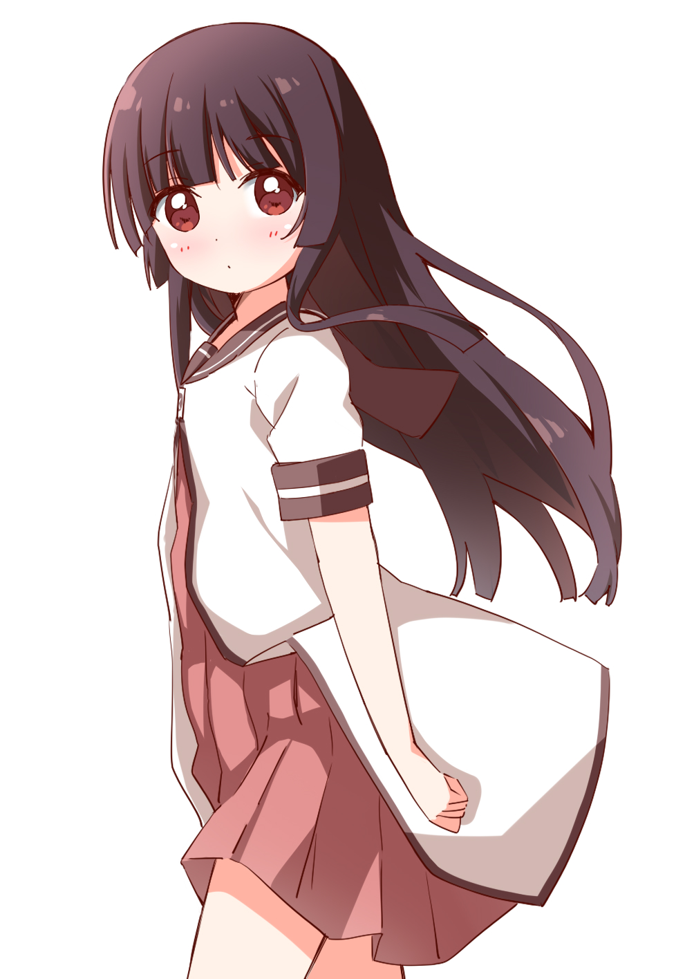 1girl black_hair black_sailor_collar blunt_bangs blunt_ends blush buttons closed_mouth commentary_request cowboy_shot dress from_side haru_(konomi_150) highres long_hair looking_at_viewer matsumoto_rise nanamori_school_uniform pleated_dress red_dress red_eyes sailor_collar school_uniform shirt short_sleeves sidelocks simple_background solo white_background white_shirt yuru_yuri