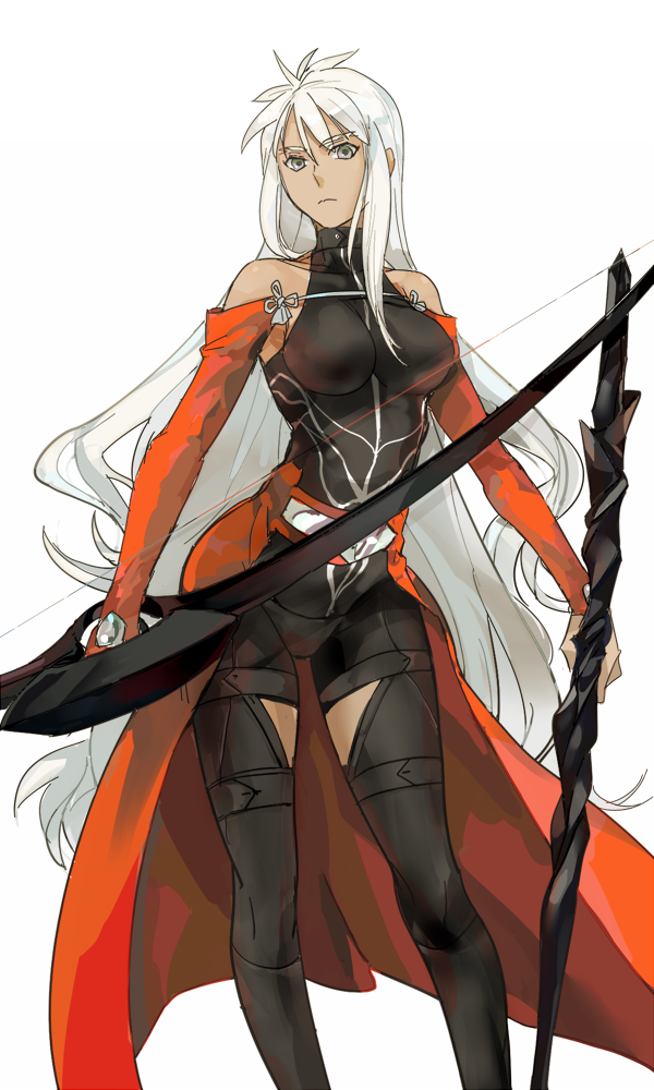 1girl archer_(fate) arrow_(projectile) black_legwear black_shirt black_shorts bow_(weapon) breasts breasts_apart crimo detached_sleeves fate_(series) female_focus floating_hair genderswap genderswap_(mtf) grey_eyes grey_ribbon holding holding_arrow holding_bow_(weapon) holding_weapon large_breasts long_hair looking_at_viewer shirt short_shorts shorts silver_hair simple_background sleeveless sleeveless_shirt solo very_long_hair weapon white_background