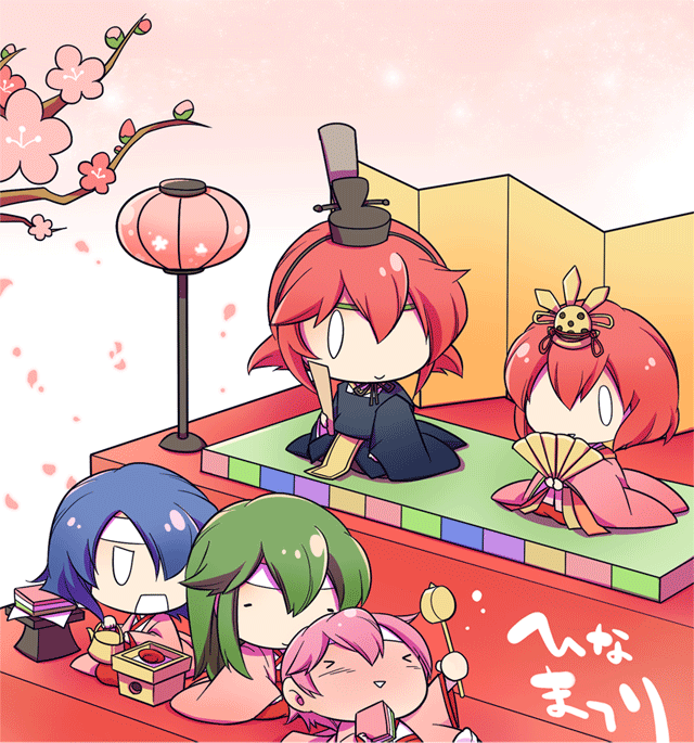 blue_eyes blue_hair blush catria_(fire_emblem) chibi dress est_(fire_emblem) fire_emblem fire_emblem:_mystery_of_the_emblem flower green_eyes green_hair headband hinadan japanese_clothes kimono long_hair maria_(fire_emblem) mikimachi minerva_(fire_emblem) multiple_girls nintendo open_mouth palla_(fire_emblem) pegasus_knight_uniform_(fire_emblem) pink_hair red_eyes red_hair short_hair siblings sisters smile triangle_mouth