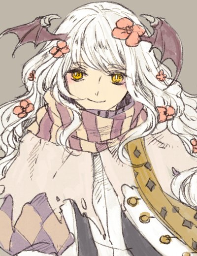 1boy bishounen brown_scarf brown_wings closed_mouth commentary_request demon_wings flower grey_background hair_flower hair_ornament head_wings long_hair looking_at_viewer male_focus minstrel_(ragnarok_online) multiple_scarves pink_flower ragnarok_online scarf shirt sidelocks simple_background smile solo striped_clothes striped_scarf tokio_(okt0w0) upper_body wavy_hair white_hair white_shirt wings yellow_eyes yellow_scarf