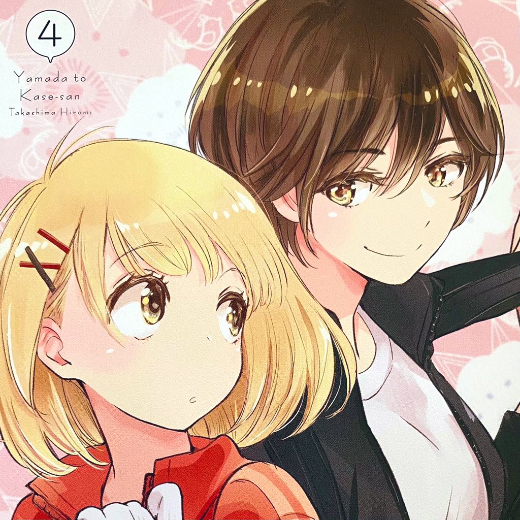 2girls asagao_to_kase-san black_jacket blonde_hair bob_cut brown_hair hair_ornament jacket kase_tomoka light_blush looking_at_another multiple_girls official_art portrait red_jacket shirt short_hair smile takashima_hiromi white_shirt x_hair_ornament yamada_yui yellow_eyes