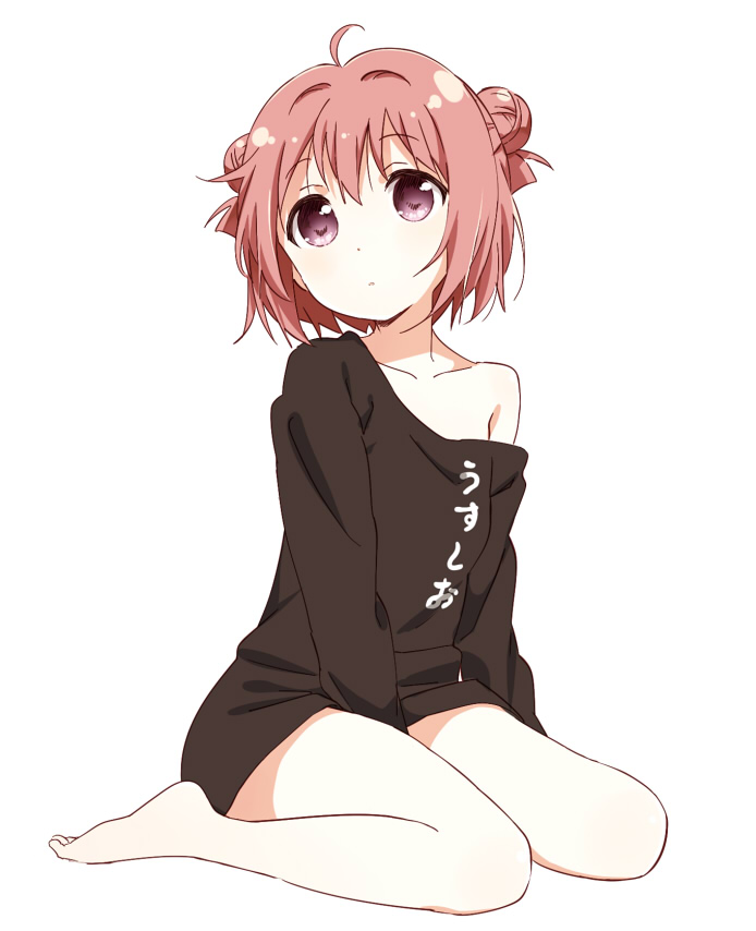 1girl ahoge akaza_akari bare_legs barefoot between_legs black_shirt boots collarbone commentary_request double_bun female_focus full_body hair_bun hand_between_legs head_tilt long_sleeves looking_at_viewer loose_clothes loose_shirt oversized_clothes oversized_shirt purple_eyes red_hair shikou_sakugo_(qqap9gt9k) shirt short_hair single_boot sitting solo wariza white_background yuruyuri