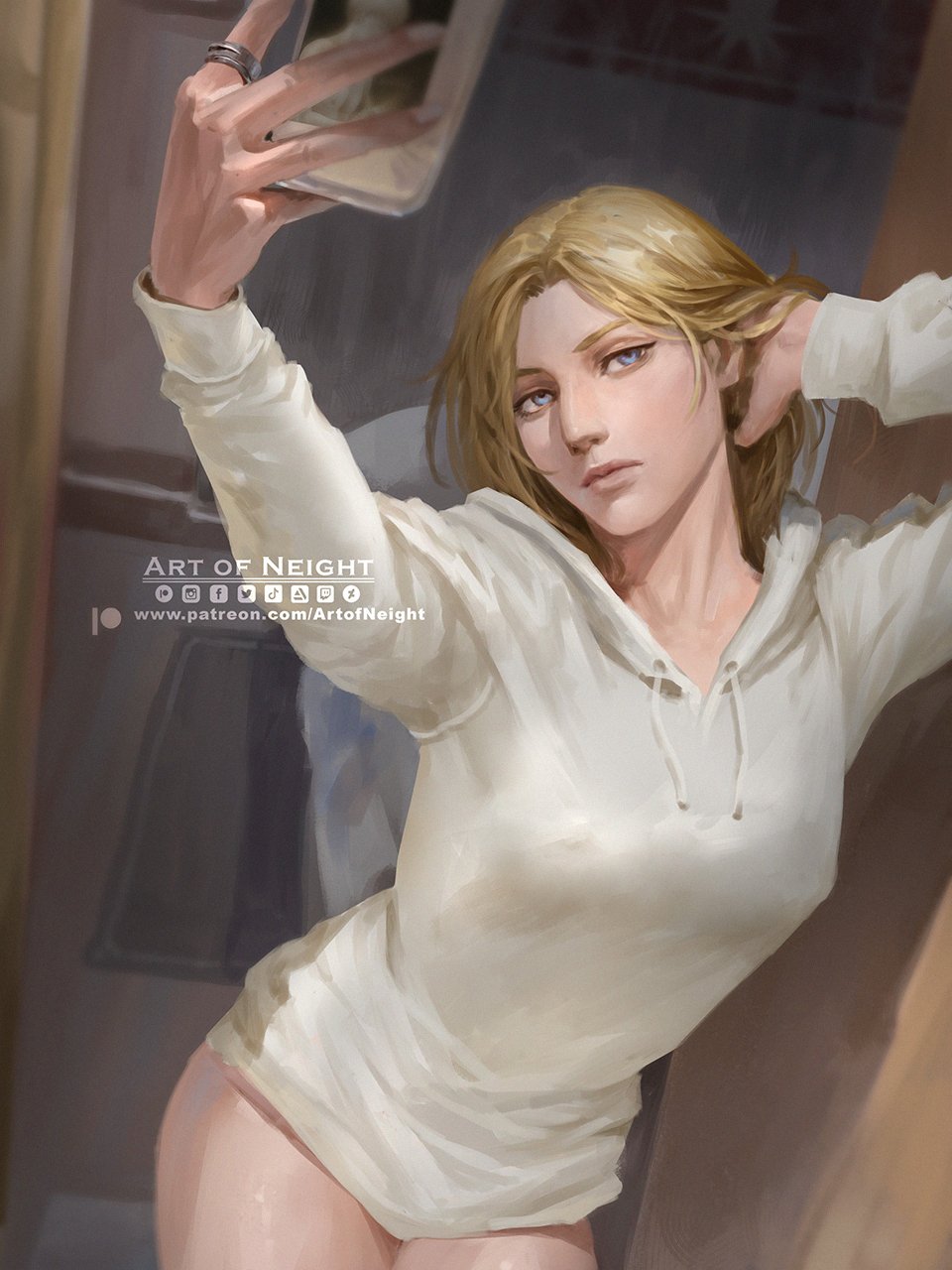 1girl annie_leonhart art_of_neight artist_name artstation_logo blonde_hair blue_eyes breasts cellphone commentary contemporary contrapposto covered_erect_nipples deviantart_logo english_commentary facebook_logo hand_in_own_hair highres holding holding_phone hood hoodie instagram_logo medium_breasts mirror patreon_logo phone selfie shingeki_no_kyojin smartphone solo tiktok_logo twitch_logo twitter_logo watermark web_address white_hoodie