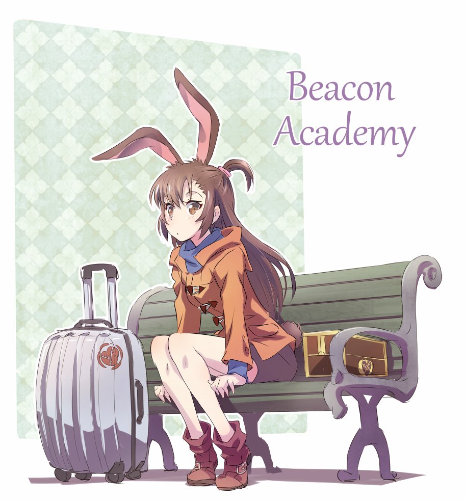 1girl animal_ears bench brown_eyes brown_hair commentary cosplay female_focus han_megumi iesupa jacket kagari_atsuko kagari_atsuko_(cosplay) little_witch_academia long_hair luggage ponytail rabbit_ears rabbit_girl rolling_suitcase rwby short_ponytail solo suitcase thighs velvet_scarlatina voice_actor_connection
