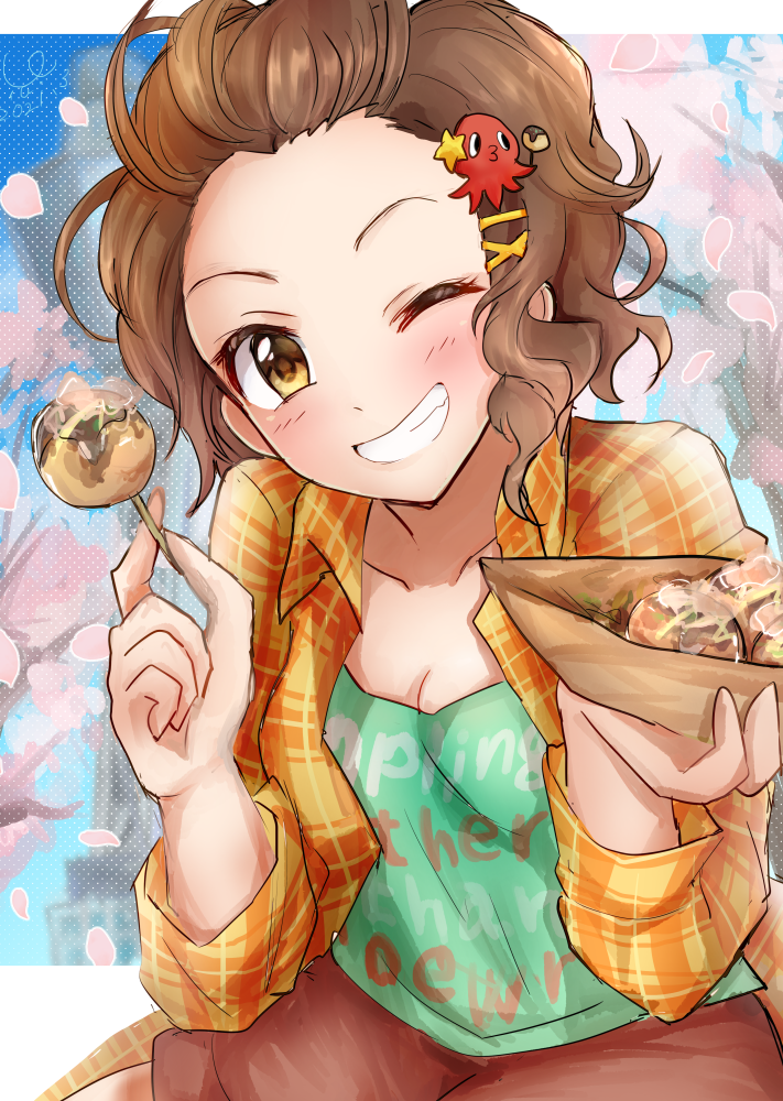 1girl blurry blush breasts brown_hair cherry_blossoms cleavage collarbone depth_of_field food forehead grin hair_ornament halftone halftone_background idolmaster idolmaster_cinderella_girls namba_emi octopus one_eye_closed plaid_clothes plaid_shirt print_shirt shirt short_hair smile solo takoyaki uran_(uran_syukasyu) wavy_hair