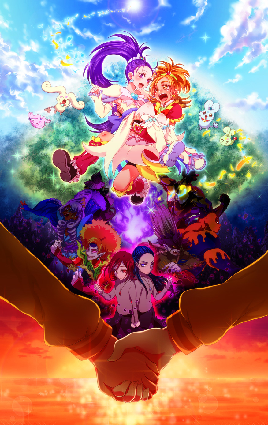 00s 4girls :p blue_hair boots brooch carrying choppy creature cure_bloom cure_egret dorodoron flappy foop frills futari_wa_precure_splash_star gooyan happy heart heart_brooch high_ponytail highres holding_hands hyuuga_saki ivory_(25680nico) jewelry karehaan kintoleski kiryuu_kaoru kiryuu_michiru long_hair magical_girl mishou_mai mizu_shitataare moerunba moop ms._shitataare multiple_girls necklace ocean open_mouth orange_eyes orange_hair ponytail precure princess_carry purple_eyes purple_hair red_hair shirt short_hair skirt sunset tongue tongue_out