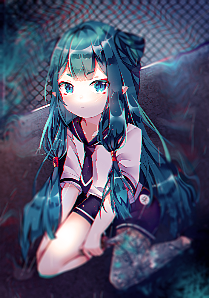 1girl absurdly_long_hair black_neckwear black_skirt blue_eyes blue_hair closed_mouth female_focus kneeling long_hair looking_at_viewer original pointy_ears shu_(pjxv7485) skirt solo very_long_hair
