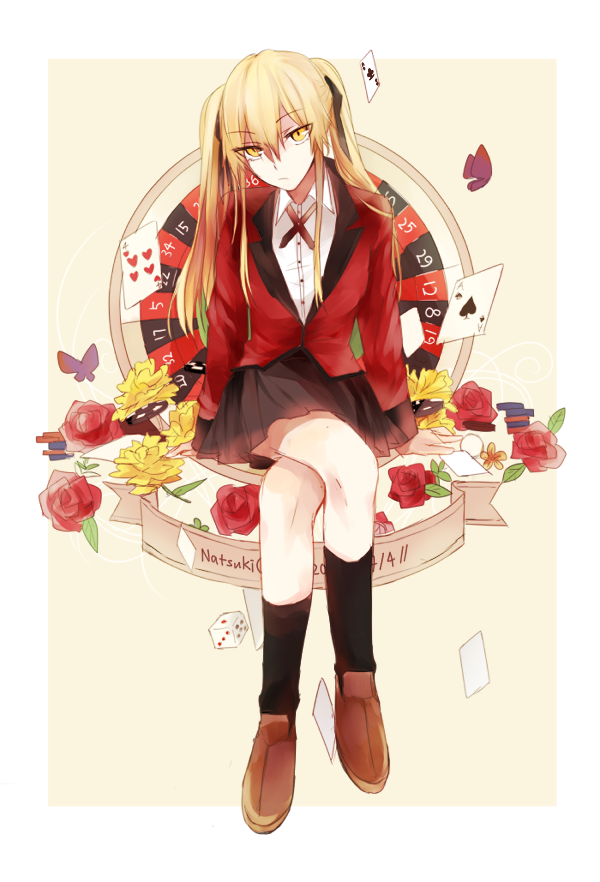 1girl ace_(playing_card) banner black_socks black_trim blonde_hair border brown_ribbon brown_shoes bug butterfly buttons card chinese_commentary closed_mouth collared_jacket collared_shirt commentary crossed_legs english_text flower flower_request full_body hair_between_eyes hand_on_ground head_tilt insect jacket kakegurui kneehighs knees leaf long_bangs long_hair long_sleeves looking_at_viewer outside_border playing_card poker_chip purple_butterfly raised_eyebrows red_flower red_jacket red_rose ribbon rose roulette saotome_mary school_uniform shirt shoes sitting socks solo suika_(oliveroliver) twintails white_border white_shirt yellow_background yellow_eyes yellow_flower