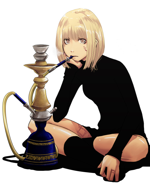 1girl black_dress black_socks blonde_hair closed_mouth commentary_request dress expressionless facial_tattoo full_body hookah indian_style long_sleeves looking_at_viewer mr.romance original short_hair simple_background sitting socks solo tattoo white_background yellow_eyes