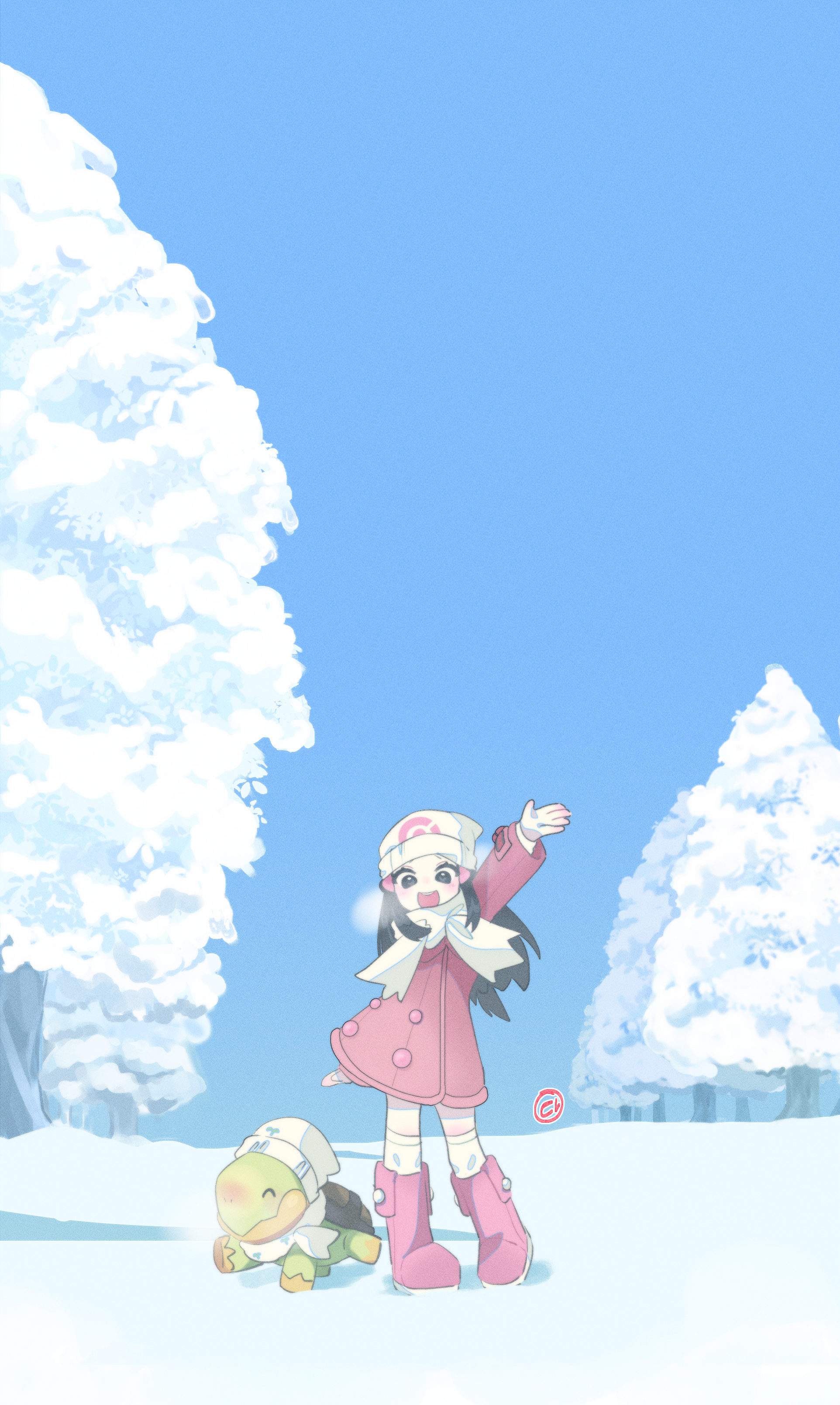 1girl :d absurdres arm_up beanie black_hair boots breath clear_sky coat commentary dawn_(pokemon) day game_freak gen_4_pokemon hair_ornament hairclip happy hat highres long_hair nintendo open_mouth outdoors over-kneehighs pokemon pokemon_(creature) pokemon_dppt pokemon_platinum scarf sidelocks sky smile snow standing t0fusan thighhighs tree turtwig white_hat white_scarf winter