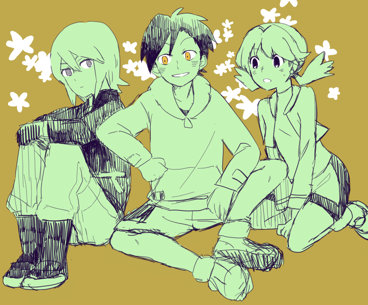 1girl 2boys bad_id bad_tumblr_id bike_shorts black_hair boots brown_background earrings ethan_(pokemon) grey_eyes jewelry kris_(pokemon) multiple_boys nintendo pokemon pokemon_adventures sanigo silver_(pokemon) sitting smile star_(symbol) star_earrings twintails unworn_headwear yellow_eyes