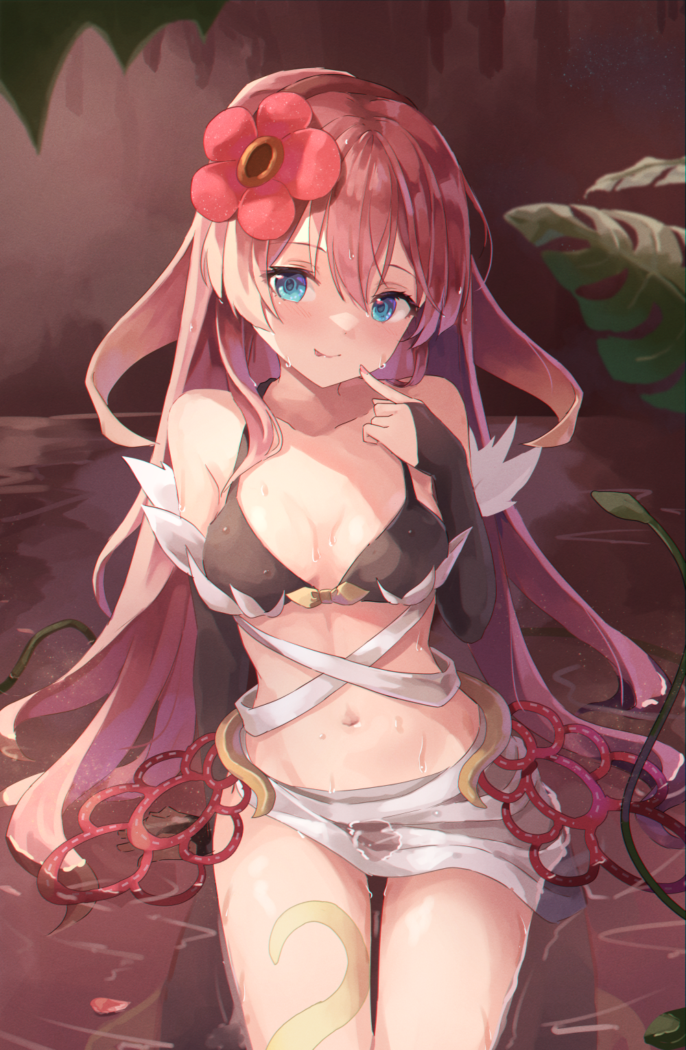 1girl blue_eyes bra breasts bridal_gauntlets cleavage duel_monster finger_to_mouth flower hair_flower hair_ornament highres leaf licking_lips long_hair medium_breasts navel pink_hair rafflesia_(flower) sitting solo stomach tongue tongue_out traptrix_rafflesia unagishirou underwear wet yu-gi-oh!