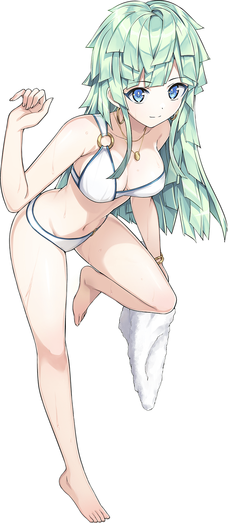 1girl bikini blue_eyes breasts cleavage dolphin_wave earrings feet green_hair highres jewelry midriff navel necklace official_art ootomo_takuji selena_lewis solo swimsuit toes towel transparent_background white_bikini