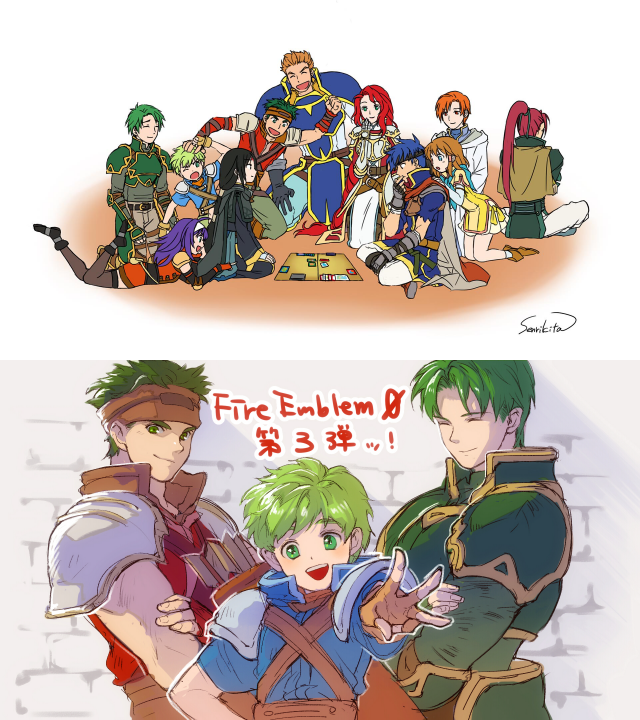 3girls 6+boys armor arrow_(projectile) black_hair board_game boyd_(fire_emblem) brick_wall brown_hair cape card card_game closed_eyes commentary crossed_arms fingerless_gloves fire_emblem fire_emblem:_path_of_radiance fire_emblem_cipher gatrie_(fire_emblem) gloves green_eyes green_hair hair_ornament half-siblings headband hooded_robe ike_(fire_emblem) indian_style kita_senri kneeling long_hair mayo_(becky2006) mia_(fire_emblem) mist_(fire_emblem) multiple_boys multiple_girls nintendo official_art on_floor open_mouth orange_hair oscar_(fire_emblem) playing_card ponytail purple_hair quiver red_hair rhys_(fire_emblem) robe rolf_(fire_emblem) seiza shinon_(fire_emblem) short_hair siblings signature sitting smile soren_(fire_emblem) thinking titania_(fire_emblem)