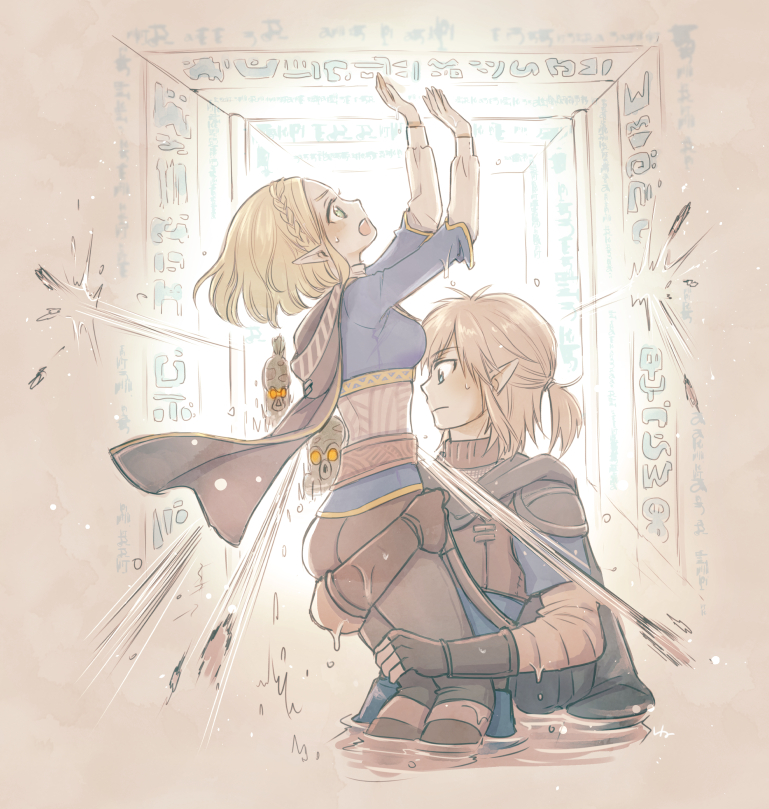 1boy 1girl ass ass_grab blonde_hair blush breasts cape elf gloves hair_ornament hairclip hand_up holding hood hug link nintendo octorok open_mouth pointy_ears ponytail princess_zelda short_hair sweat the_legend_of_zelda the_legend_of_zelda:_breath_of_the_wild water