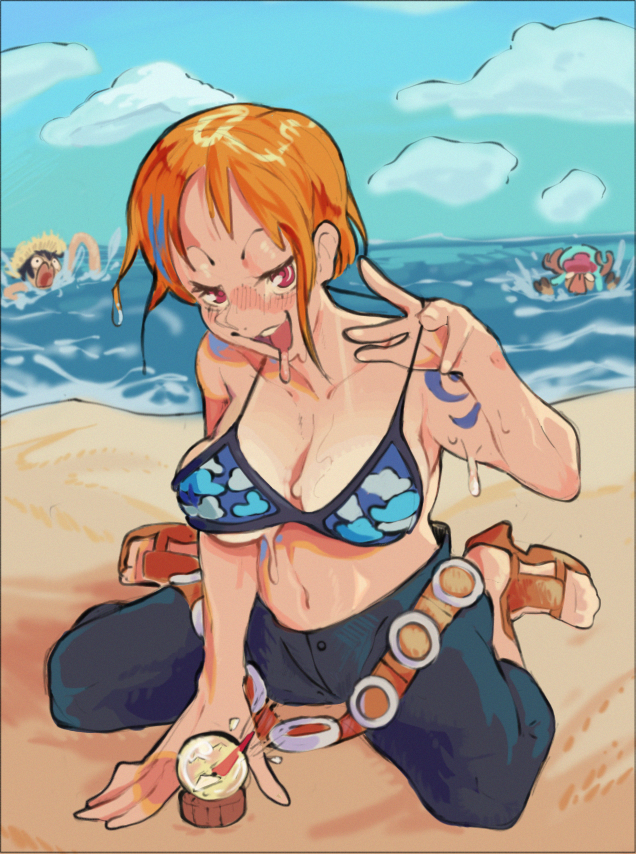 1girl 2boys beach blush bra breasts cleavage drooling goose_llow kneeling large_breasts log_pose medium_breasts monkey_d._luffy multiple_boys nami_(one_piece) nami_(one_piece)_(skypiea) navel ocean one_piece orange_hair pants short_hair shoulder_tattoo tattoo tony_tony_chopper underwear water wet