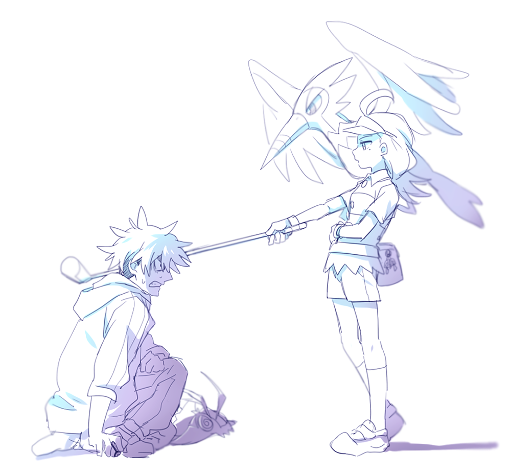 1boy 1girl @_@ elite_four flying from_side gen_7_pokemon golf_club guzma_(pokemon) hood hoodie kahili_(pokemon) looking_at_another mole mole_under_eye monochrome nintendo npc_trainer open_mouth poke_ball pokemon pokemon_(creature) pokemon_sm re_ghotion scared shorts sitting team_skull trumbeak wimpod