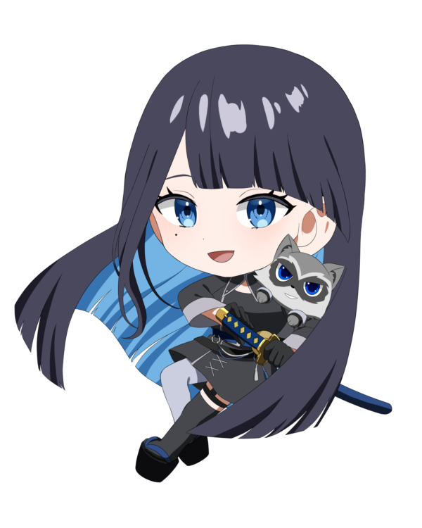 1girl :d black_dress black_gloves black_hair black_shoes black_thighhighs blue_eyes blue_hair bond_en bondlive chibi colored_inner_hair dress erebus_grey full_body gloves grey_pantyhose long_hair mole mole_under_eye multicolored_hair open_mouth pantyhose raccoon shoes single_leg_pantyhose single_thighhigh smile solo ta_ma_go0 thighhighs tongue two-tone_hair virtual_youtuber