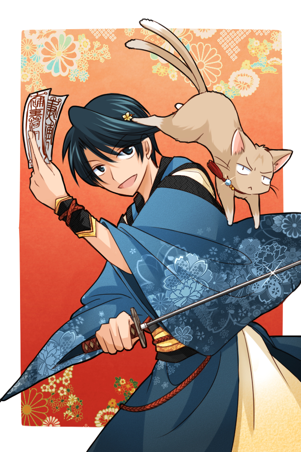 1boy 1girl :&lt; animalization black_eyes black_hair cat commentary_request floral_print gekkan_shoujo_nozaki-kun glint holding holding_sword holding_weapon hori_masayuki japanese_clothes kashima_yuu katana multiple_tails ofuda open_mouth short_hair smile sword tail takana_x123 v-shaped_eyebrows weapon wide_sleeves