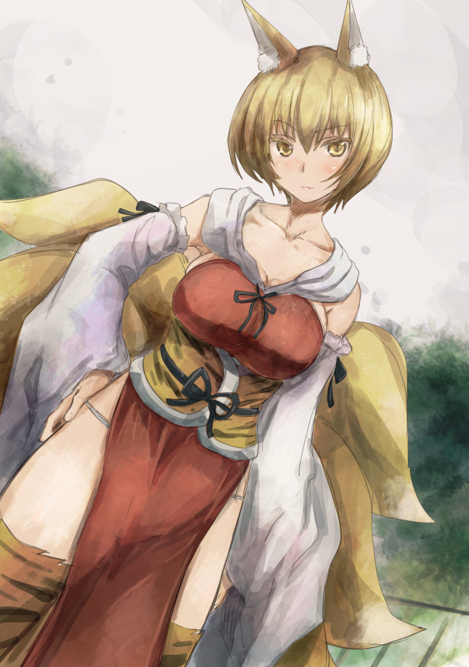 1girl animal_ears animal_print blonde_hair cosplay detached_sleeves female_focus fox_ears fundoshi hand_on_own_hip japanese_clothes multiple_tails solo tail thighhighs tiger_print toramaru_shou toramaru_shou_(cosplay) touhou yakumo_ran yellow_eyes yohane