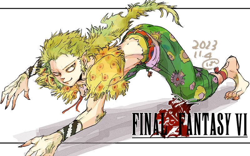 1boy 2023 all_fours armband bad_id bad_twitter_id baggy_pants barefoot belt body_hair bykillt clawed_feet clawed_hands fang final_fantasy final_fantasy_vi floral_print gau green_hair leg_wrap long_hair male_focus messy_hair on_floor pants pointy_ears serious shadow shawl wild_hair yellow_eyes