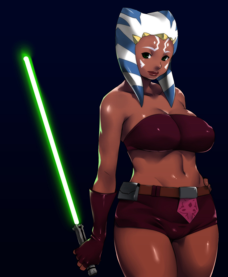 1girl aged_up ahsoka_tano alien animification bad_id bad_pixiv_id bandeau bare_shoulders belt belt_pouch breasts cleavage clone_wars cowboy_shot dark-skinned_female dark_skin elbow_gloves energy_sword facial_mark female_focus fingerless_gloves forehead_mark ganto gloves glowing gradient_background green_eyes holding jedi large_breasts light_smile lightsaber lips lipstick loincloth looking_at_viewer makeup midriff navel plump pouch red_lips shiny_clothes shiny_skin short_shorts shorts smile solo standing star_wars star_wars:_the_clone_wars striped sword tattoo tentacle_hair thick_thighs thighs togruta weapon wide_hips