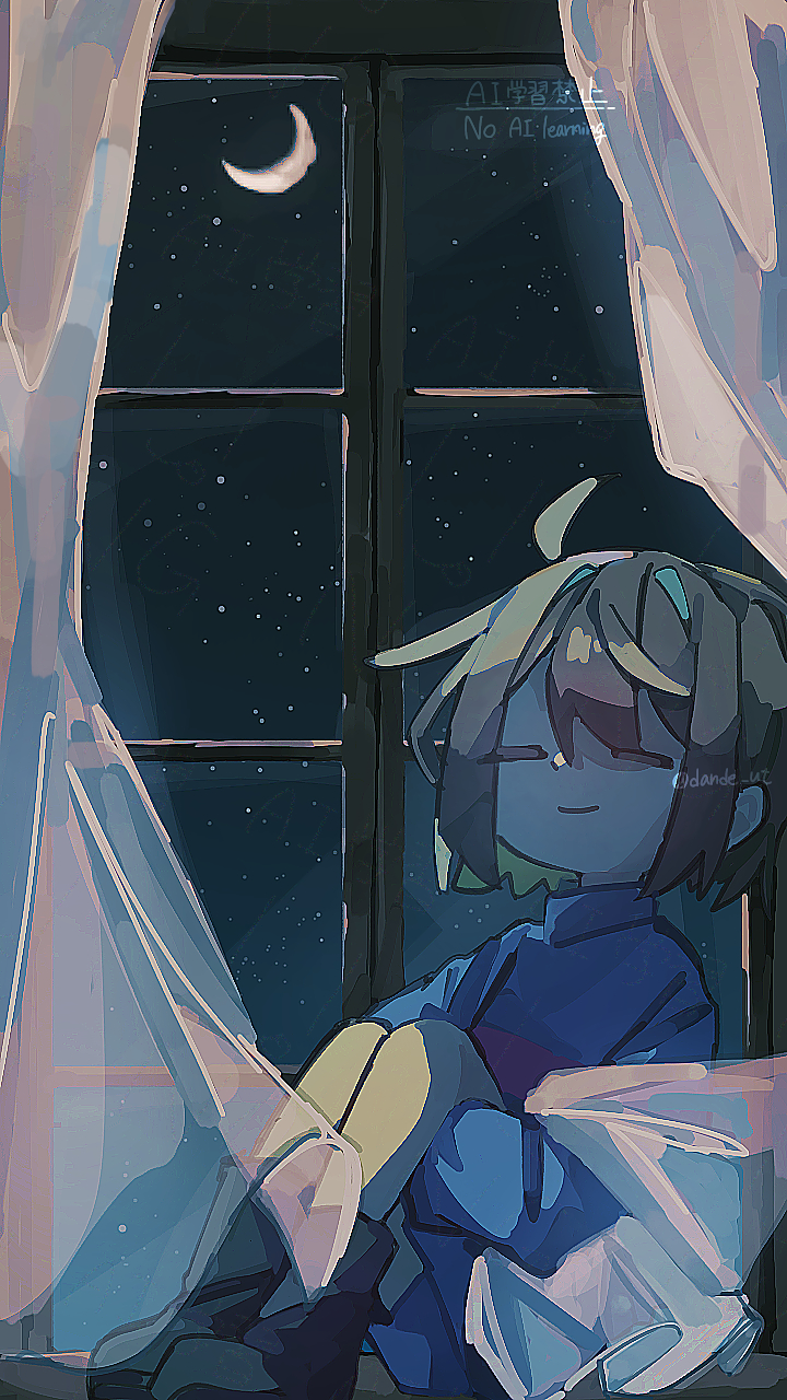 1other against_window ahoge ankle_boots blue_sweater bob_cut boots brown_boots brown_hair closed_eyes closed_mouth commentary_request crescent_moon curtains dande_lion2604 frisk_(undertale) full_body hair_between_eyes highres indoors knees_up moon night night_sky other_focus pink_sweater short_hair sitting sky smile solo striped_clothes striped_sweater sweater turtleneck turtleneck_sweater twitter_username two-tone_sweater undertale watermark window