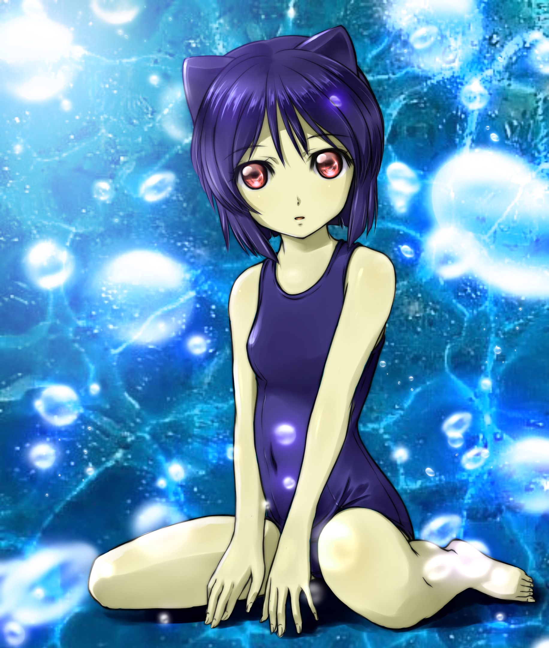 1girl animal_ears aq_interactive arcana_heart artist_request blue_hair breasts collarbone daidouji_kira examu feet full_body hair_between_eyes highres looking_at_viewer open_mouth parted_lips school_swimsuit short_hair sitting small_breasts swimsuit wariza water yellow_eyes