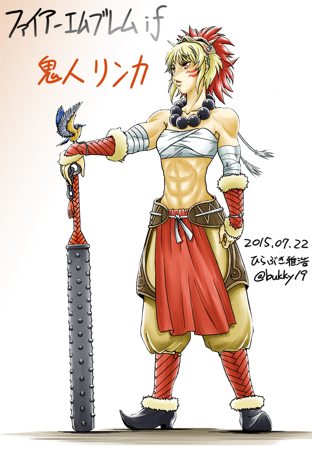 1girl abs beads biceps bird bracer chest_sarashi club club_(weapon) fire_emblem fire_emblem_fates gunbai highres hirabuki_masahiro holding holding_club holding_weapon mask mask_on_head muscular muscular_female nintendo obliques oni pointy_footwear prayer_beads rinkah_(fire_emblem) sarashi solo spiked_club war_fan warrior weapon