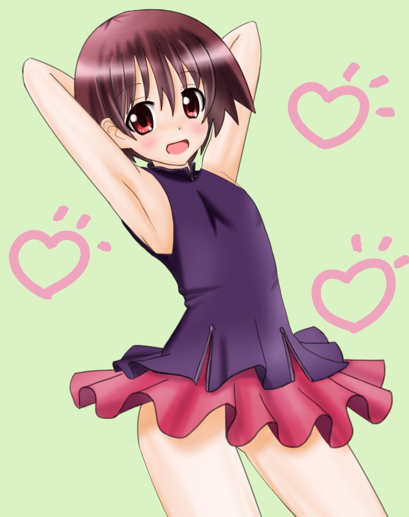 1girl :d ankoro_(momomonsss) armpits arms_behind_head black_shirt blush brown_hair commentary cowboy_shot flat_chest frilled_skirt frills from_side gluteal_fold green_background hair_between_eyes heart heart_background looking_at_viewer looking_to_the_side mandarin_collar microskirt miyanaga_saki notice_lines open_mouth red_eyes red_skirt saki_(manga) shirt short_hair skirt sleeveless sleeveless_shirt smile solo standing very_short_hair