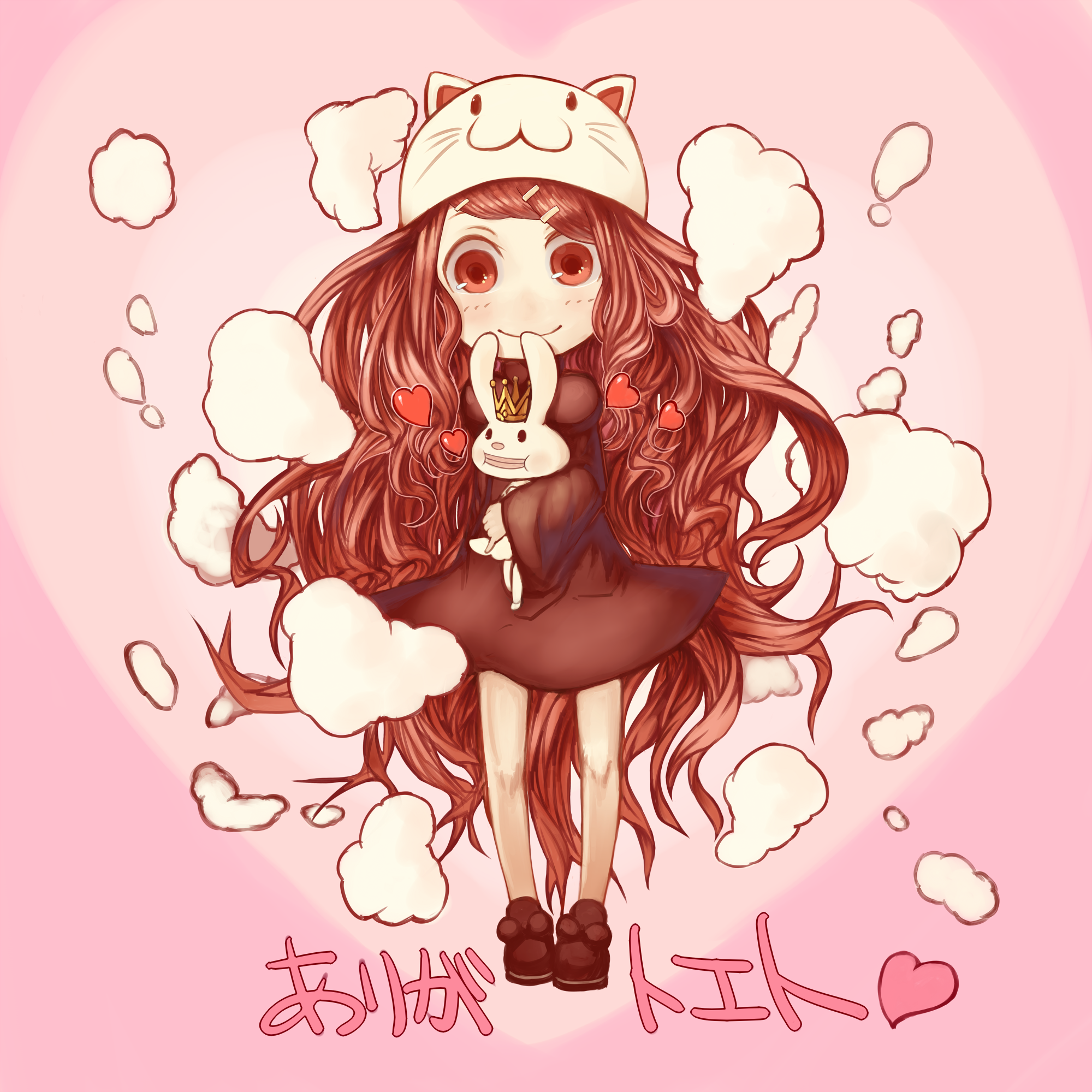 1girl ac_japan animal_hood arigato_usagi bad_id bad_pixiv_id cat_hood character_doll crown dress female_focus hair_ornament hairclip heart highres hood kansou_samehada long_hair megurine_luka megurine_luka_(toeto) rabbit red_eyes red_hair smile solo stuffed_animal stuffed_toy toeto_(vocaloid) very_long_hair vocaloid